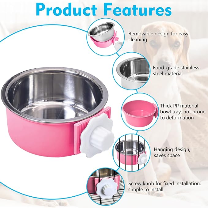 kathson Crate Dog Bowl, Removable Stainless Steel Hanging Pet Cage Bowl Food & Water Feeder Coop Cup for Cat, Puppy, Birds, Rats, Guinea Pigs (2 PCS, Size: M, Green and Pink)