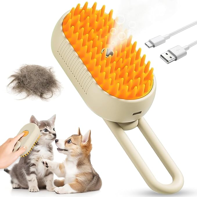 Rabbit Ferret Steam Brush 5 In1 Grooming Kit for Cats Dogs Silicone Massage Tool Stainless Steel Nail Scissors Hair Detangling Comb - Water Spray Rechargeable Shedding Wash-Free Essence (Khaki)