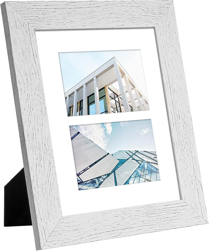 8x10 Picture Frame Display Double 4X6 Picture Frame Collage,Multi Photo Frame with Mat,Plexiglass,Wall or Tabletop Decor,Distressed White Wood Grain