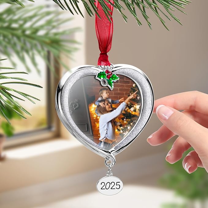 Christmas Tree Ornament Picture Frame Metal Hanging Pendant Holiday 2.5" Photo Frame Charm Decorative of Pets, Baby First Christmas, Family (2025 White)