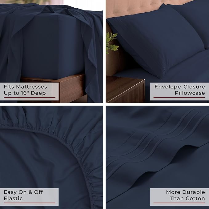 Mellanni California King Sheets Set - 4 PC Iconic Collection Bedding - Hotel Luxury, Extra Soft, Cooling Bed Sheets - Wrinkle, Fade, Stain Resistant (Cal King, Navy Blue)
