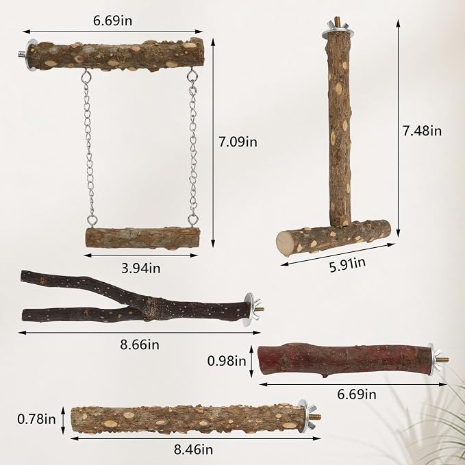 Hypeety Natural Wood Bird Perch for Parakeets Bird Chew Stands for Cage | Natural wood, anti-slip, with hanging swing, fork and T shaped perch, easy to install, suitable for parakeet/cockatiel, 5pcs