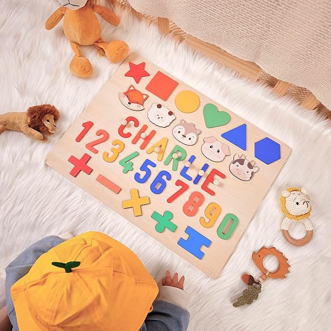 Name Puzzle for Kids Personalized, First Birthday for Baby Boy Girl, Wooden Number Puzzles for Toddlers 1-3, Educational Toys for 1 Year Old
