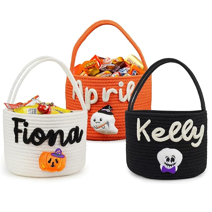 Personalized Halloween Baskets Gift for Kids, Custom Woven Candy Bucket with Name, Halloween Trick or Treat Basket