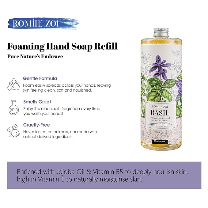 ROMIIE ZOI Foaming Hand Soap Refill, Basil, Gentle & Moisturizing Formula, 1 L/ 33.8 FL OZ