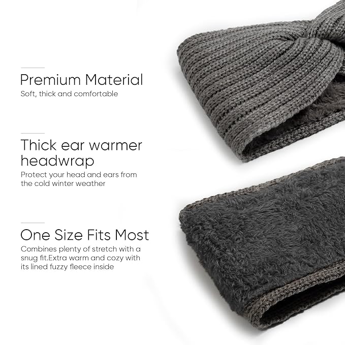 AQOKKA Knit Winter Headbands for Women Fuzzy Wool Fleece Lined Ear Warmers Elastic Turban Crocheted Head Wrap Winter Accessories for Women Cold Weather