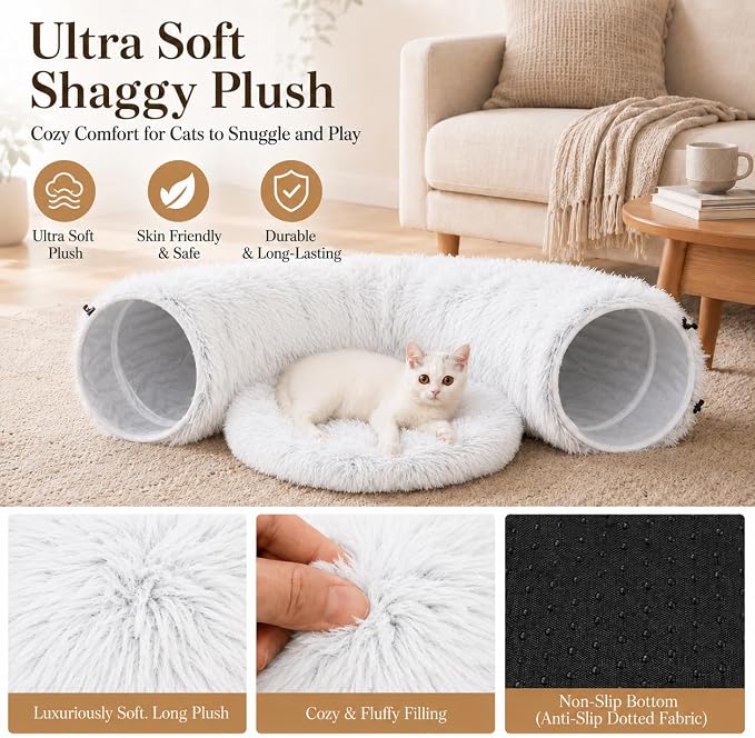 Warm Fluffy Plush Cat Dog Tunnel Bed Under Christmas Tree Big Tube Playground Toys 3 FT Diameter Longer Crinkle Collapsible 3 Way, for Indoor Cat Kitty Kitten Puppy Rabbit Ferret White