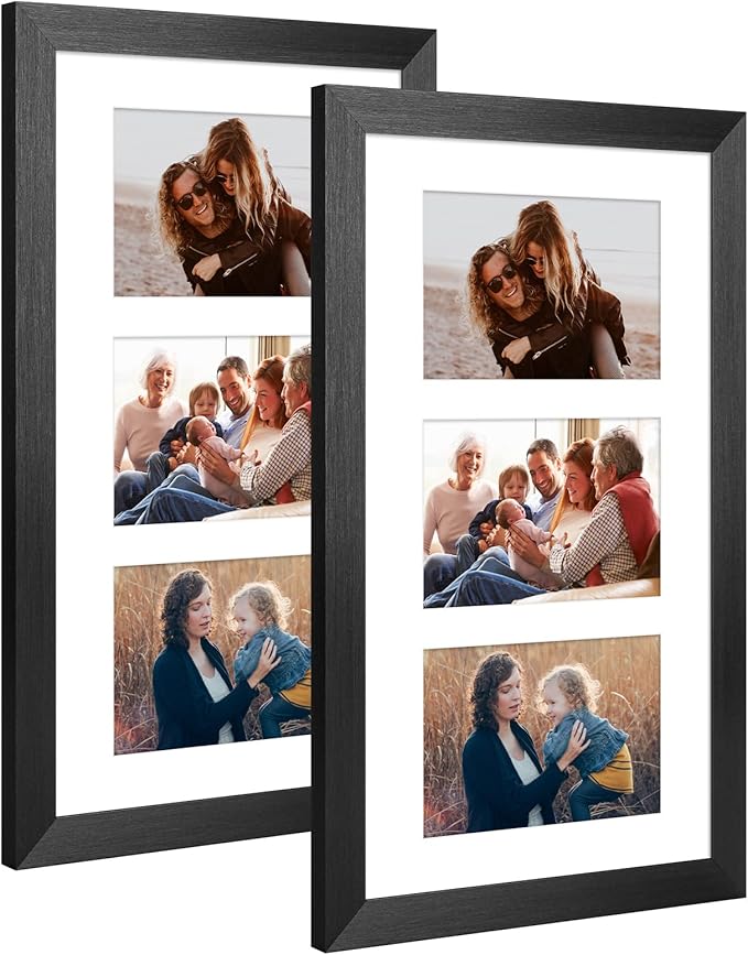 8x14 Collage frame with 3 Openings 4X6 Pictures, Multiple Picture Frame with Mat, Wall or Tabletop Decor, Black Wood Grain,2 Pack