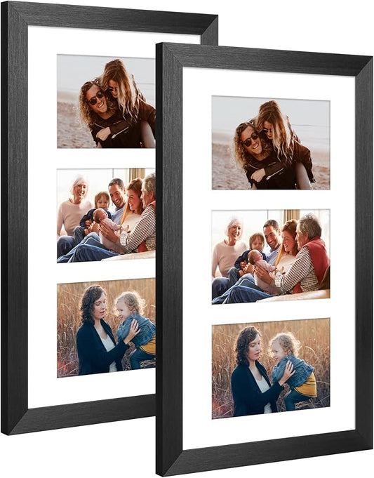 8x14 Collage frame with 3 Openings 4X6 Pictures, Multiple Picture Frame with Mat, Wall or Tabletop Decor, Black Wood Grain,2 Pack