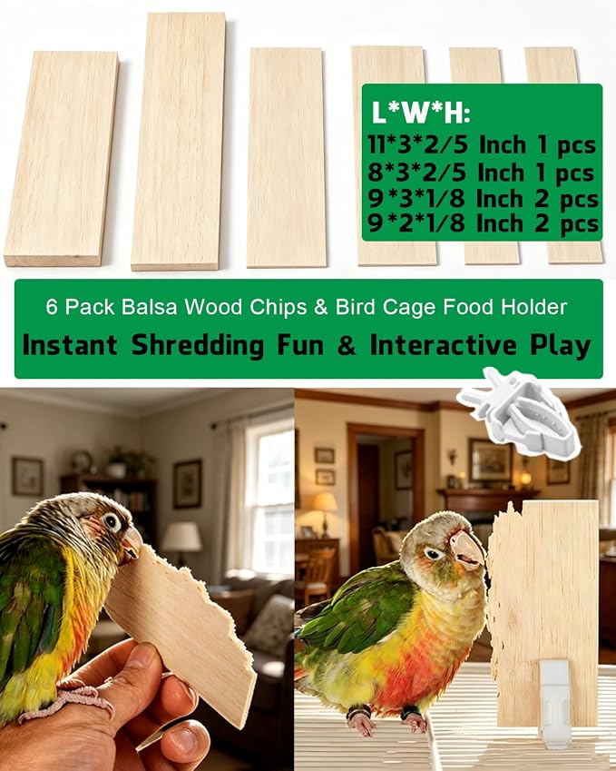 Large Untreated Balsa Wood Bird Chew Toys 6 Pack with Mount Clip, Multi Size Thick Wood Slice Perch Foraging Toy for Parakeets Conures Cockatiels Lovebirds Small Medium Parrots
