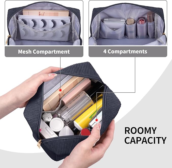 MAGEFY Small Makeup Bag Corduroy Cosmetic Bag for Women Makeup Pouch with Slip-in Pockets Cute Preppy Stuff (Grey, SKIN)