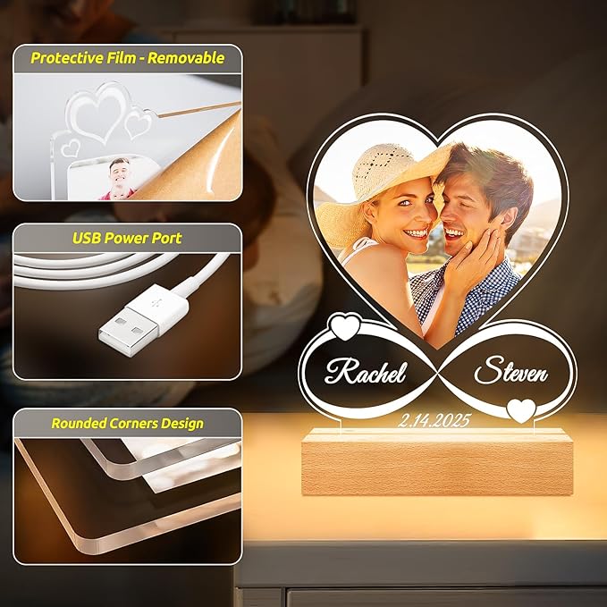 Custom Picture Frames with Photo, Custom Photo Frame with Night Light, Personalized Picture Frame, Personalized Christmas Anniversary Birthday Gifts for Women Men Him Her Girlfriend Boyfriend Couple