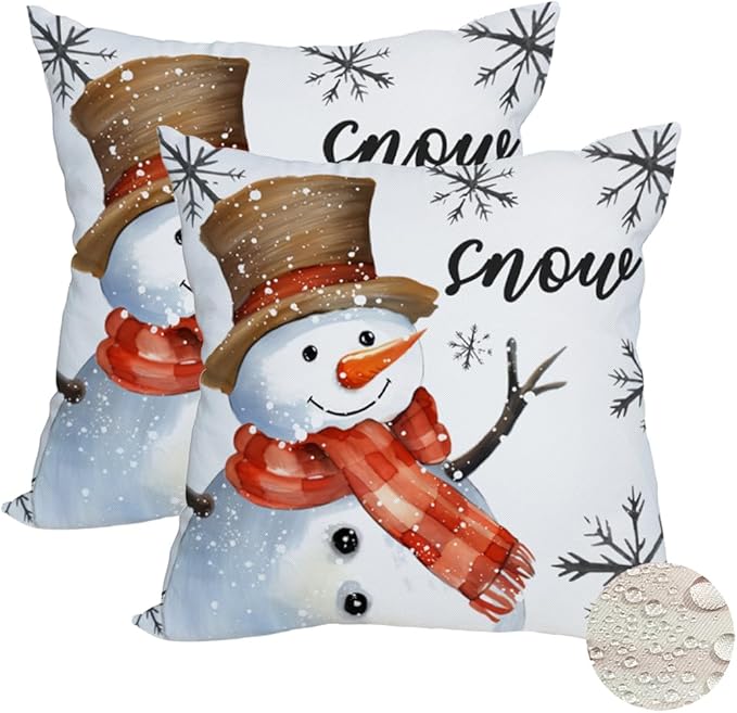 Fukeen 2 Pack Waterproof Outdoor Winter Pillow Covers 18x18 Inch White Snowman Snowflake Throw Pillow Cases Snow Christmas Farmhouse Decorations Cushion Cover Double Sided