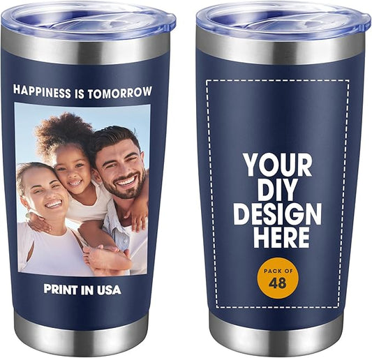 Personalized Custom Tumbler Print in USA 48 Pcs 20oz Stainless Steel Coffee Cup with Lid & Straw Double Wall Insulated Tumbler with Colorful Text Logo Photo