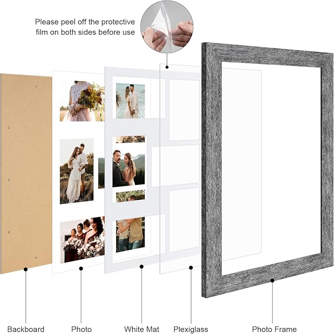 11x17 Picture Frame Display 6 picture frame collage 4x6,Multi Photo Frame with Mat,Plexiglass,Wall Mount Decor,Grey Wood Grain