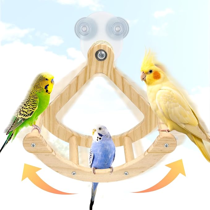 Rocking Bird Toys Perch for Window and Cage, Wooden Bird Perch Puzzle | Wall Suction Mount, Parrot Toys for Medium Birds, Enrichment Cockatiel Toy Fun and Accessoriess for Budgie, Lovebird, Conure