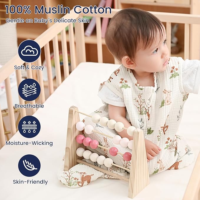 PHF 100% Muslin Cotton Baby Sleep Sack, 6-12 Months Baby Wearable Blanket with 2-Way Zipper, 2 Pack Soft Breathable Cooling 0.5 TOG Medium Size Sleeveless Sleeping Bag for Boys/Girls, Woodland