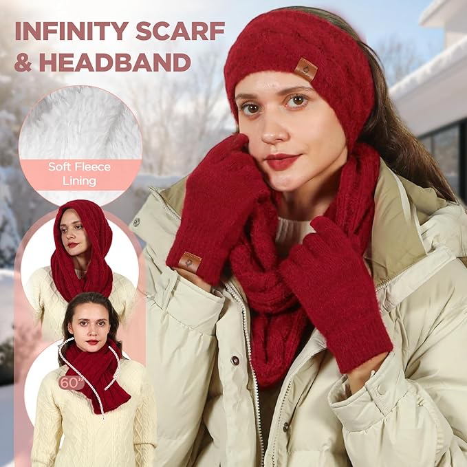Womens Beanie Hat Infinity Scarf Touchscreen Gloves Fleece Headband 4 in 1 Winter Clothes Set Gifts for Women
