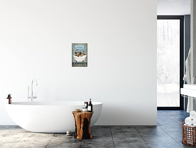 Funny Sloth Decor Vintage Bathroom and Bathtub Metal Tin Sign Decor Sloth Pet lovers Gift Farm Home Bar Bathroom Man Cave Retro Wall Art Poster Sign Accessories 8x12 In
