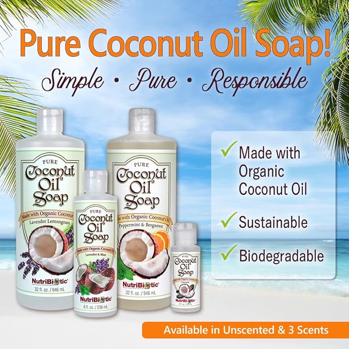 NutriBiotic – Pure Coconut Oil Soap, Peppermint & Bergamot, 8 Oz. | Certified Organic, Unrefined, Biodegradable | Vegan & Made without GMOs, Gluten, Parabens Or Sulfates | Rich, Cleansing Lather