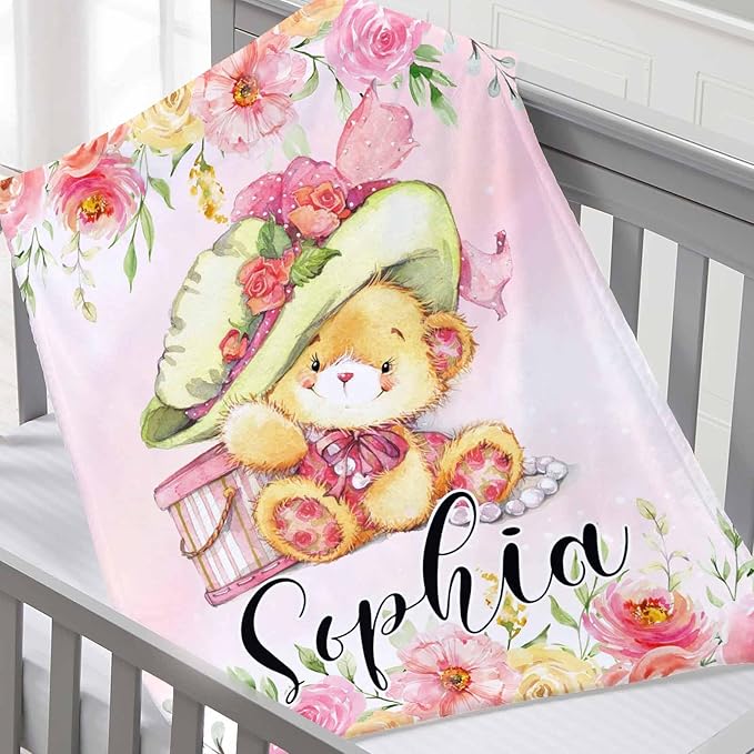 Ship Next Day, Personalized Baby Blankets with Name,Cute Little Bear Blankets for Kids,Super Soft Fleece Custom Baby Blanket for Boys,Girl, Personalized Gifts for Newborn