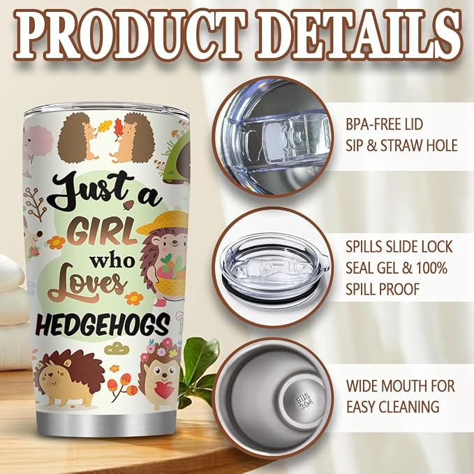 Hedgehog Gift, 20oz Just a Girl Who Loves Hedgehogs Tumblers with Straw, Animal Water Bottle Insulated Cup Travel Coffee Mug, Hedgehogs Gifts for Thanksgiving Christmas, 1 PCS