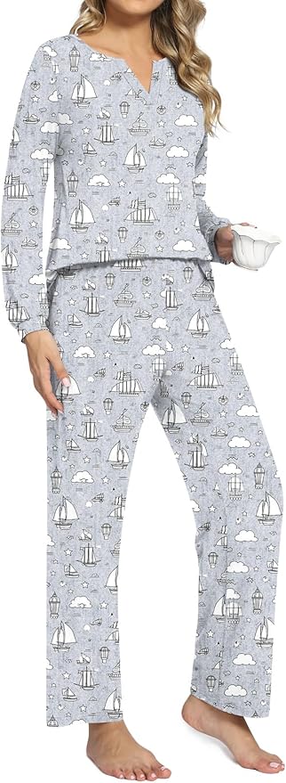 Anyally Women's Plus Size Pajama Sets Ladies Fall Pjs 2 Pieces Lounge Outfits V Neck Long Sleeves Sleepwear with Pockets