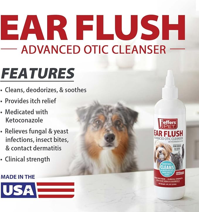 Jeffers Ear Flush for Dogs, Cats & Puppies, 8 oz - Otic Ear Cleanser Solution with 0.2% Ketoconazole, Aloe Vera & Calendula, Gentle Ear Wash for Pet Hygiene, Grooming, Wax & Debris Cleaning
