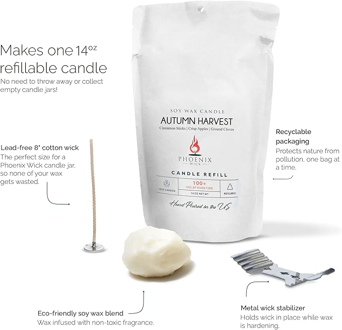 Phoenix Wick Candle Making Kit – Transform Anything Into A Candle – Candle Making Kit with Wick + 14oz Wax (Autumn Harvest Scent)