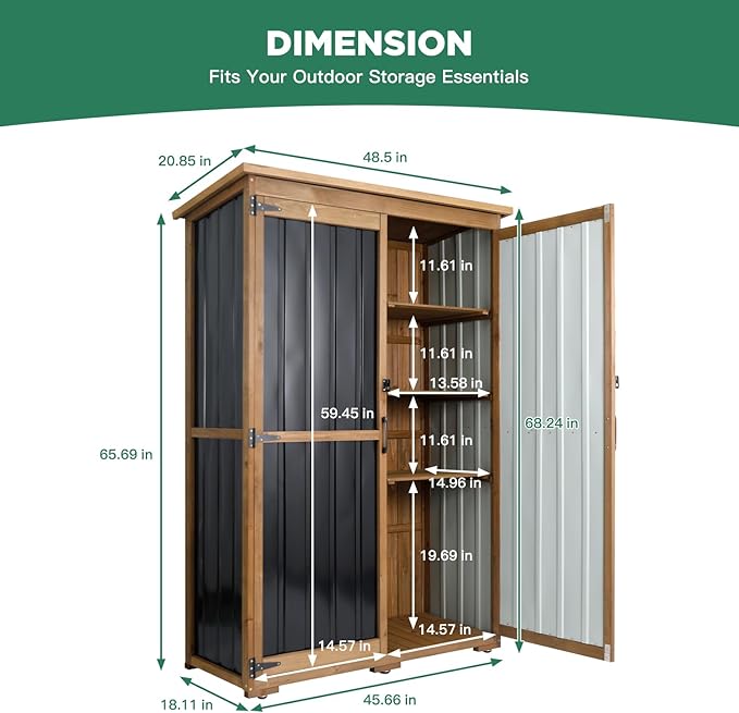 Ketive Outdoor Storage Cabinet, Wood & Metal Storage Shed with Weather-Resistant Roof, Double Lockable Doors, Removable Shelves & Adjustable Feet, for Patio, Backyard, Poolside, 46" x 18" x 68"