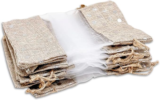 12-Pack Medium Linen Burlap & Organza Gift Bags w. Drawstrings (5x7 in, Beige/Silver Polka) - Party Favors, Presents, Samples & Treats Mesh Pouch by The Display Guys