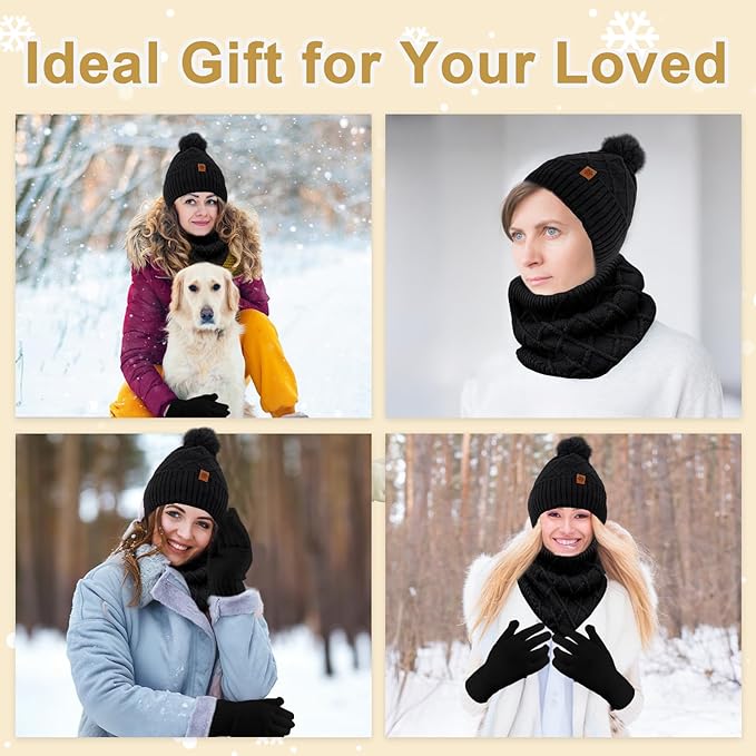 YARIEW Winter Hat Neck Warmer and Gloves Set for Women, Warm Knitted Beanie with Pom Pom, Soft Ear Warmer Scarf, Warm Gloves