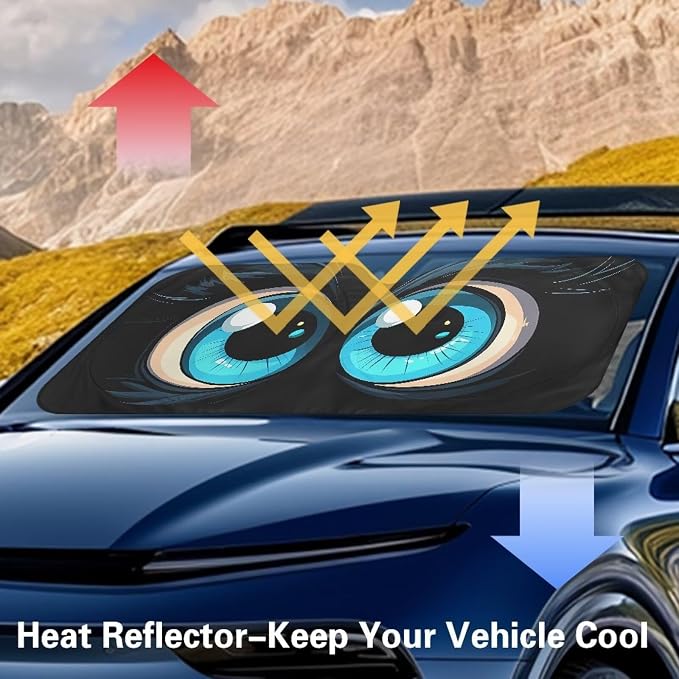 Cute Big Eyes Front Window Sunshades 66.5x34.4inches Front Windshield Sun Visor Protector Car Accessories Blocking Harmful UV Rays & Heat