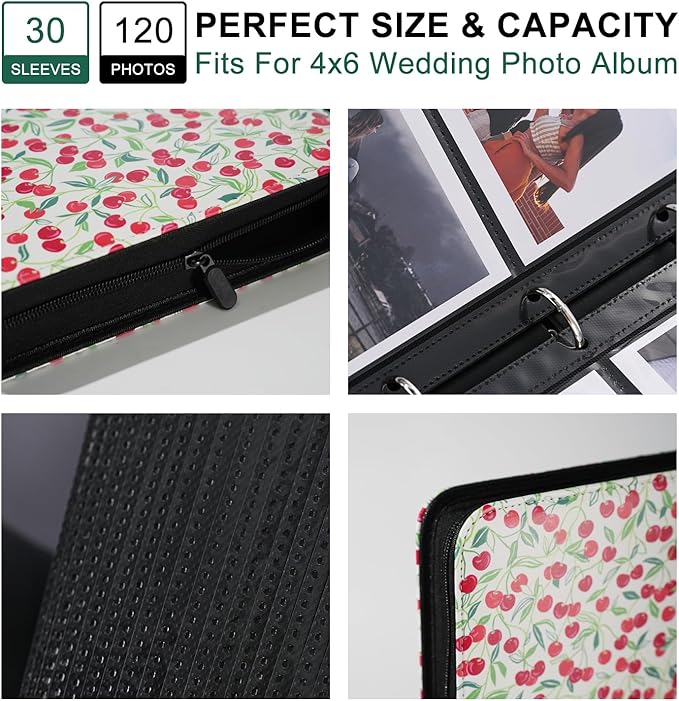 Photo Album 4x6 Pictures,120 Pockets Binder Premium Vegan Leather Cover for Family Wedding Anniversary Baby Kids Vacation. (Cherry Print)