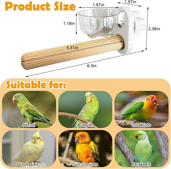 Kathson 3Pcs Bird Perch Feeding Cup Natural Wood Perches with Removable Bird Feeder for Cage Parrot Stand for Parakeets, Budgies, Cockatiels,Parrots, Birds Chewing Stick (White)