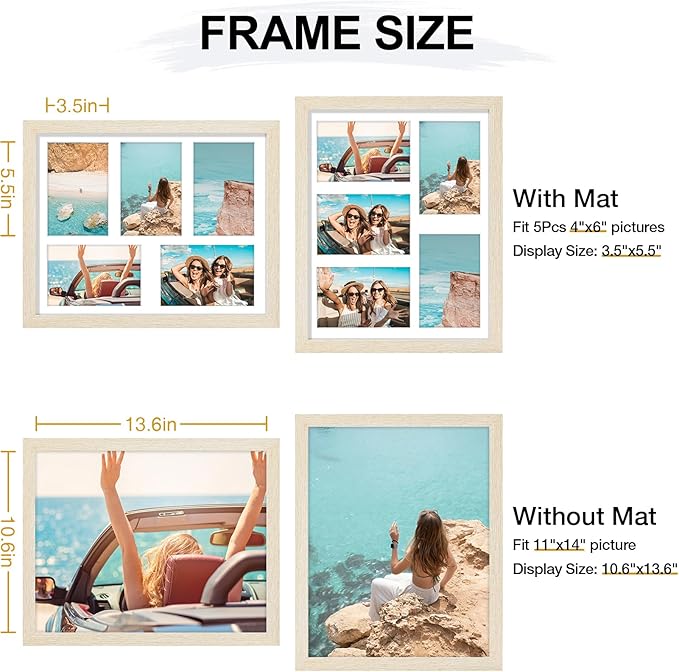 Vittanly 11x14 Collage Picture Frame, Displays 5Pcs 4x6 Pictures with Mat or 1Pcs 11x14 without Mat for Wall Mounting, Picture Frames Collage Wall Decor in Cornsilk, 1 Pack