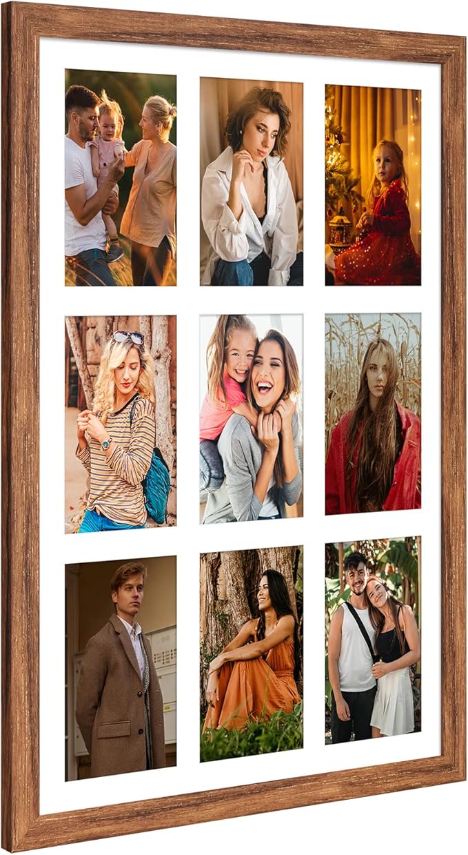 13.5X19.5 Collage frame with 9 Openings 4X6 Pictures, Multiple Picture Frame with Mat, Wall or Tabletop Decor, Carbonized Brown Wood Grain,2 Pack