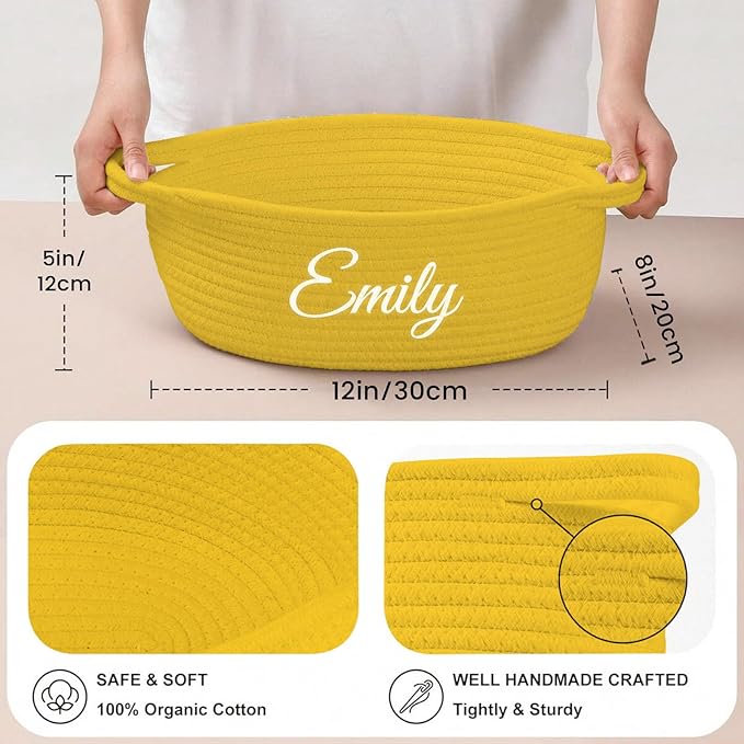 HUTARIO Personalized Yellow Basket Embroidered Name with Gift Bags and Ribbons,Small Rope Woven Baske Empty，Durable Storage Custom Basket with Handles for Baby Showers or Birthday,12"×8"×5"