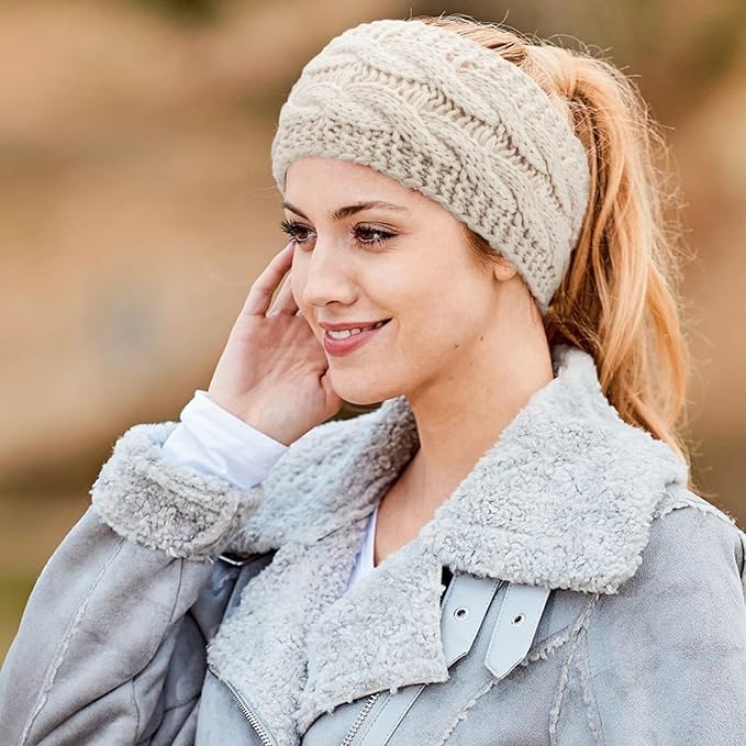 AQOKKA Knit Winter Headbands for Women Fuzzy Wool Fleece Lined Ear Warmers Elastic Turban Crocheted Head Wrap Winter Accessories for Women Cold Weather