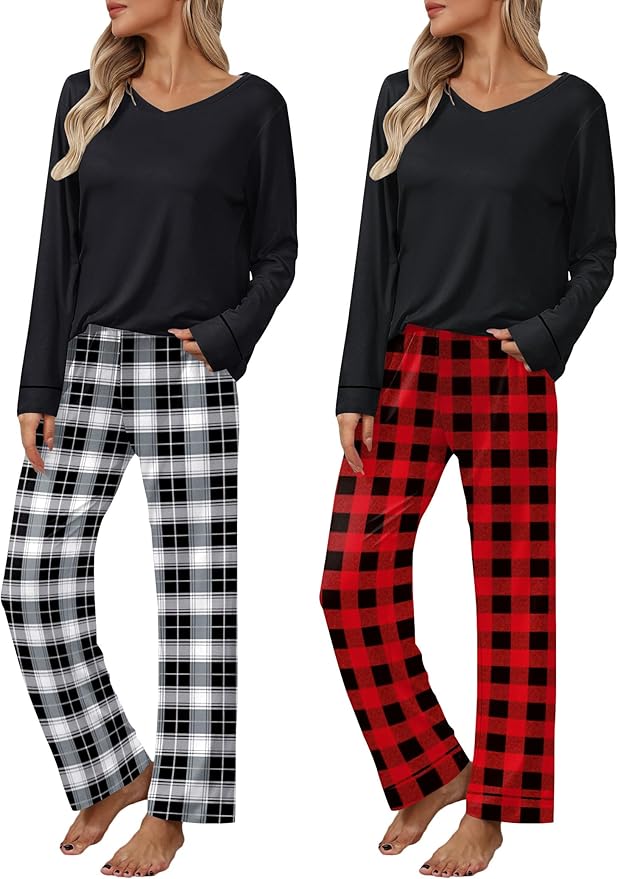 Ekouaer Womens 2 Pack Pajama Set Long Sleeve Pajamas Top and Pants V Neck Pjs Set Soft Loungewear with Pockets