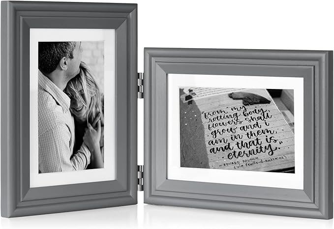 5X7 Double Wooden Hinged Picture Frame Vertical and Horizontal in Gray, Display 4x6 with Mat or 5x7 without Mat, Folding Photo Frame with Real Glass Front for Tabletop X2-HUI-SH57