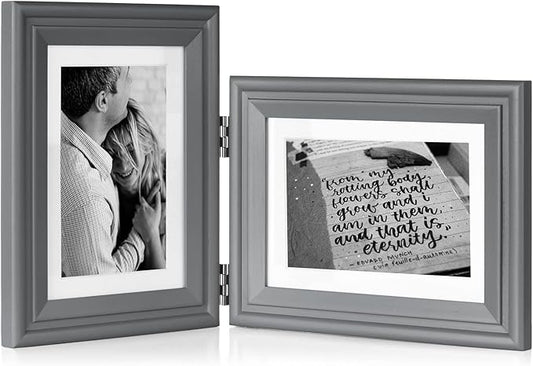 5X7 Double Wooden Hinged Picture Frame Vertical and Horizontal in Gray, Display 4x6 with Mat or 5x7 without Mat, Folding Photo Frame with Real Glass Front for Tabletop X2-HUI-SH57