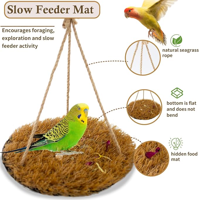 FlidRunest Yellow Large Bird Foraging Mat, Natural Bird Grass Hammock Swing Toy with Hooks, Climbing Perch Hanging Toy for Parakeets, Parrot, Cockatiels, Bearded Dragon
