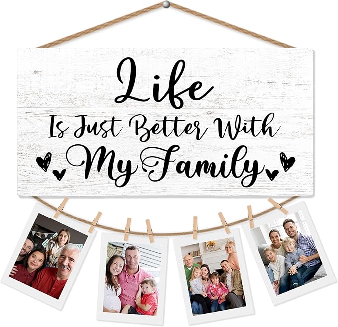 Family Picture Frame Photo Holder, Farmhouse Style, 12x6 Inch, Wooden Clip Frame, Perfect for Wall Decoration and Gifts