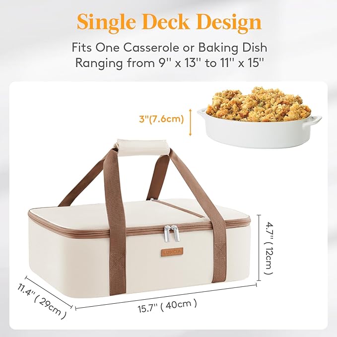 LUNCIA Insulated Single Decker Casserole Carrier, Lasagna Lugger Tote Keeps Food Hot or Cold, Thermal Lunch Bag for Potluck Parties, Picnic and Cookouts, Fits 9" x 13" Baking Dish, Cream