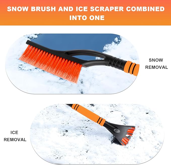 Snow Brush and Ice Scraper for Car Windshield, 23.6" Scratch Free Auto Scraper Soft Bristle Brush with Ergonomic Grip, Detachable Winter Snow Removal Tool for Cars Trucks SUVs (Orange)