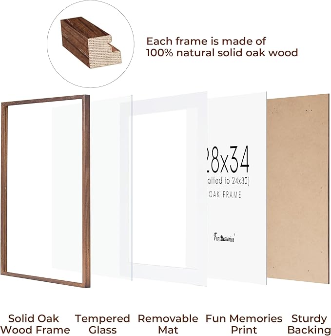 28x34 Poster Frame, 28"x34" Oak Wood Frame, 28 x 34 Picture Frames for Wall, Wood Frames 28 x 34 with Tempered Real Glass, 28x34 Frame with Mat for 24x30 Picture(Walnut Color, 1 Pack)