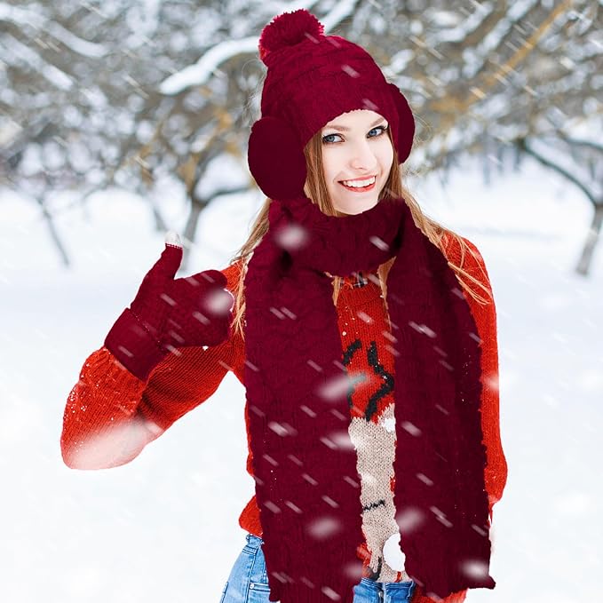 JenPen 4 Pcs Winter Hat Scarf and Gloves Set for Women Include Ear Cover Cold Weather Scarf Hat Knit Beanie Gloves