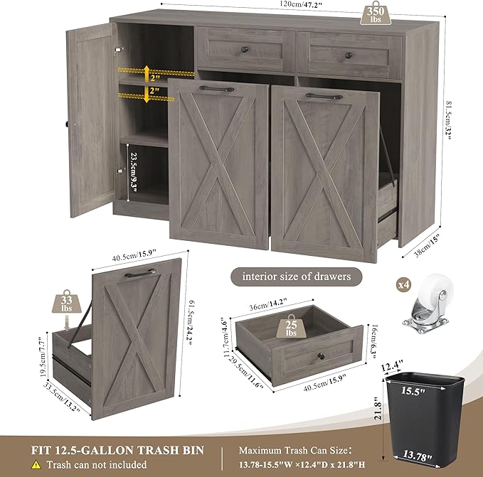 HOSTACK 12.5 Gallon Kitchen Trash Cabinet, 47" Double Trash Can Cabinet, Large Pull Out Can Storage Drawers, Wood Farmhouse Hidden Garbage Storage Buffet for Kitchen, Dining Room, Ash Grey