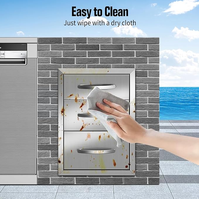 Outdoor Kitchen Drawers Stainless Steel 14W x 20.3H x 23D Inch, Flush Mount Triple BBQ Island Drawers with Handle for Outdoor Kitchens, Patio or Grill Station
